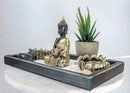 Meditating Gold Robe Buddha Zen Garden Kit With Lotus Candle Holders Sand Rake