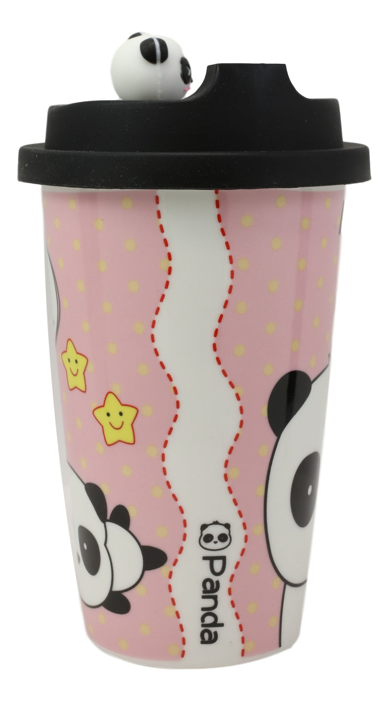 Pink Polkadots Heart 2 Giant Panda Bear Lovers Ceramic Mug With Silicone Lid