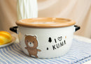 Pack Of 2 Brown And Beige Kuma Bear Porcelain Kids Food Bowls 25Oz W/ Lid Plate