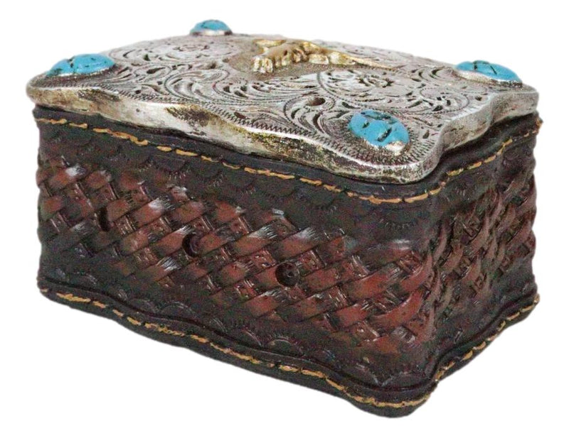 Rustic Western Longhorn Cow Skull Concho Tooled Leather Decorative Trinket Box