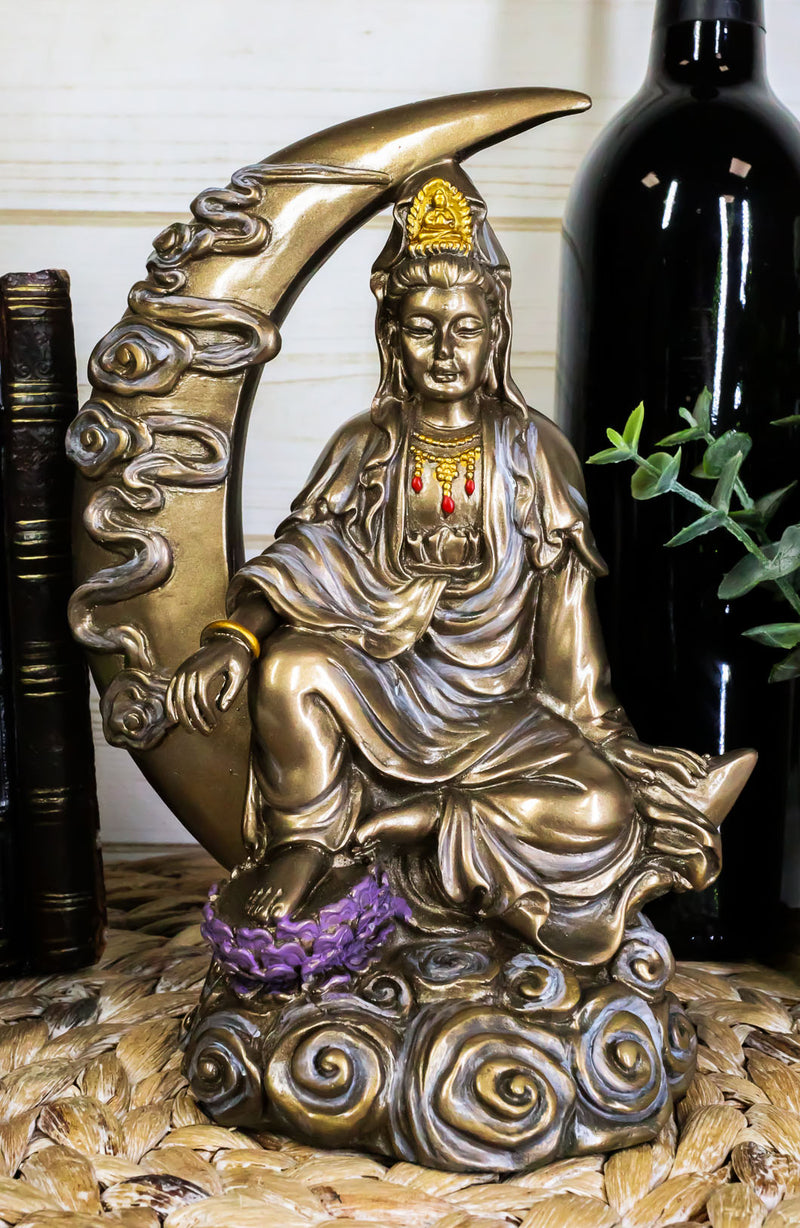 Water Moon Kuan Yin Sitting On Crescent Moon Decorative Figurine 8"H Guanyin