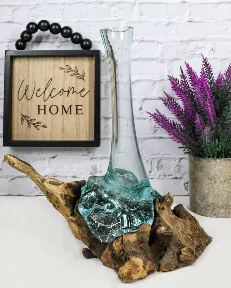 Balinese Natural Driftwood With Fitted Hand Blown Molten Glass Floral Vase Small