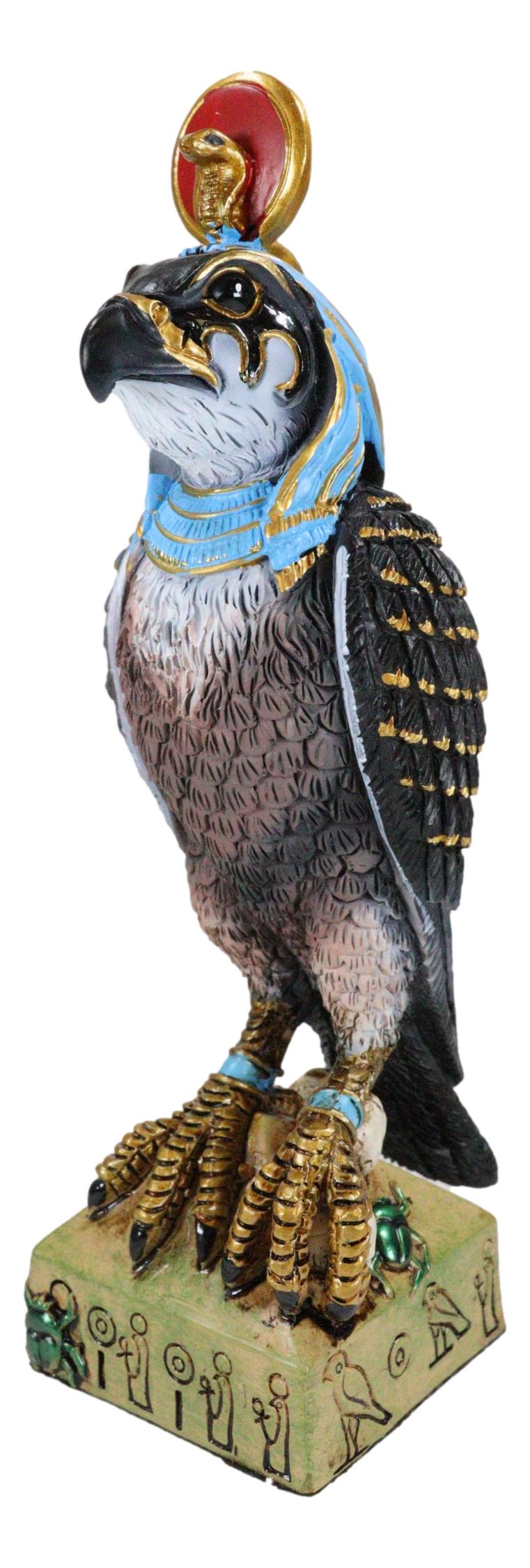 Egyptian Sky God Horus Falcon Bird With Pschent On Hieroglyphic Base Figurine