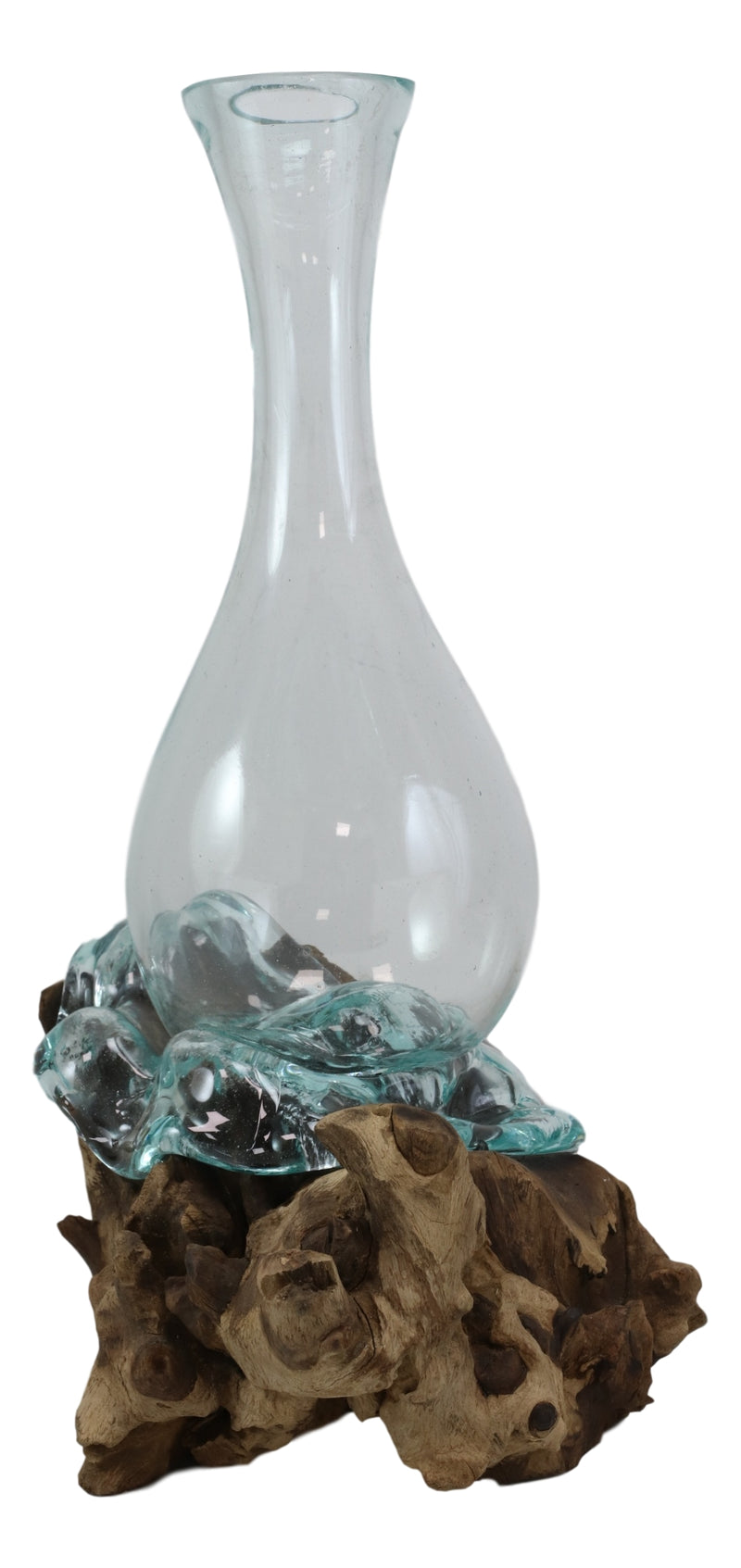 Balinese Natural Driftwood With Fitted Hand Blown Molten Glass Floral Vase