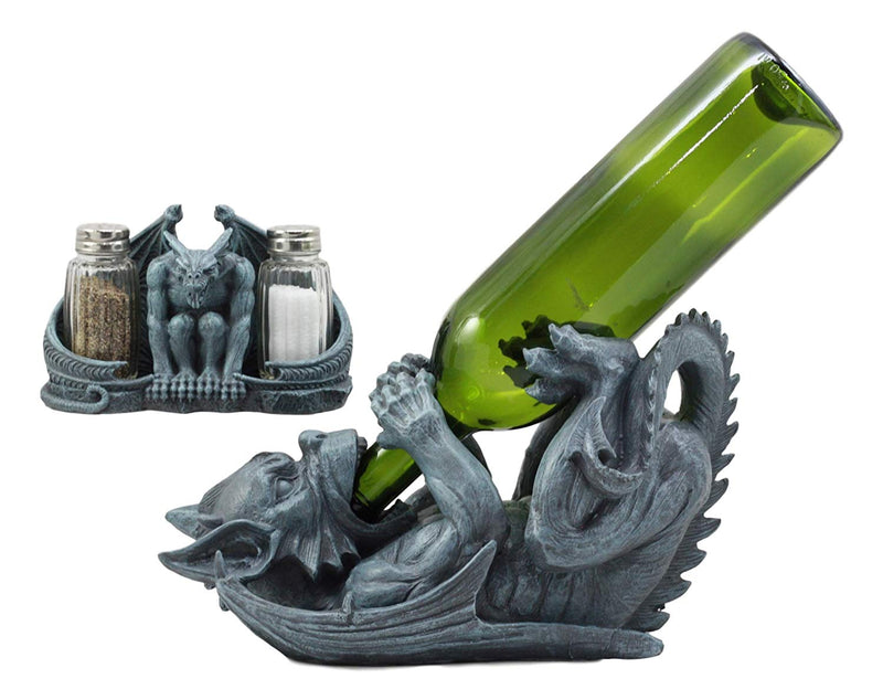 Ebros Night Abbadon Gothic Winged Gargoyle Wine Bottle Holder and Salt Pepper Shakers Figurine Set of 2 Kitchen Cellar Decor Statue