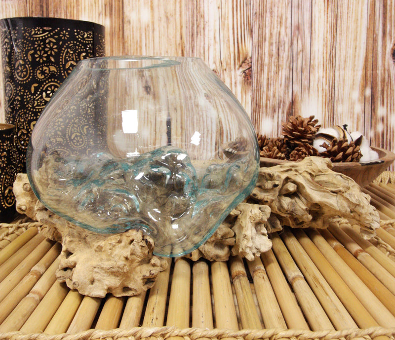 Balinese Handicraft Natural Driftwood With Hand Blown Molten Glass Bowl 9"L