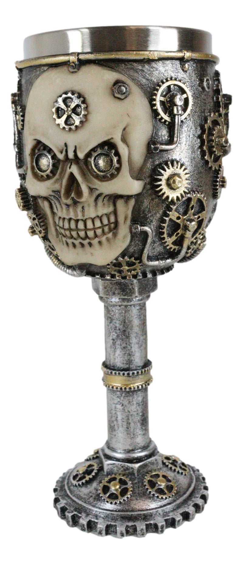 Silver Steampunk Mechanical Gearwork Skull Face Wine Goblet Drink Chalice Cup