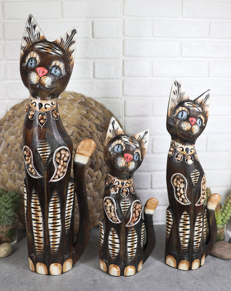 Balinese Wood Handicraft Blue Eyed Feline Cat Family Set of 3 Figurines 20"H