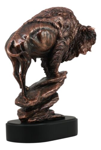 Large North American Bison On Steep Rock Statue 11"H Electroplated Bronze Resin