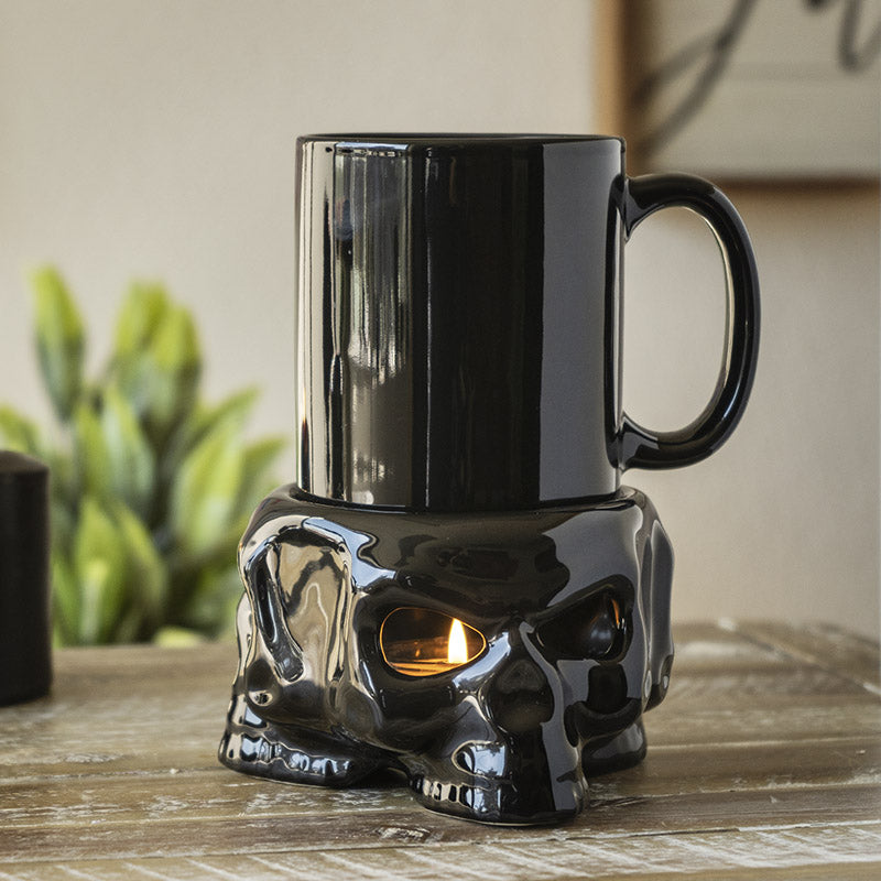 Alchemy Triple Skulls Black Cup With Candle Holder Mug Warmer Shadow Caster Set