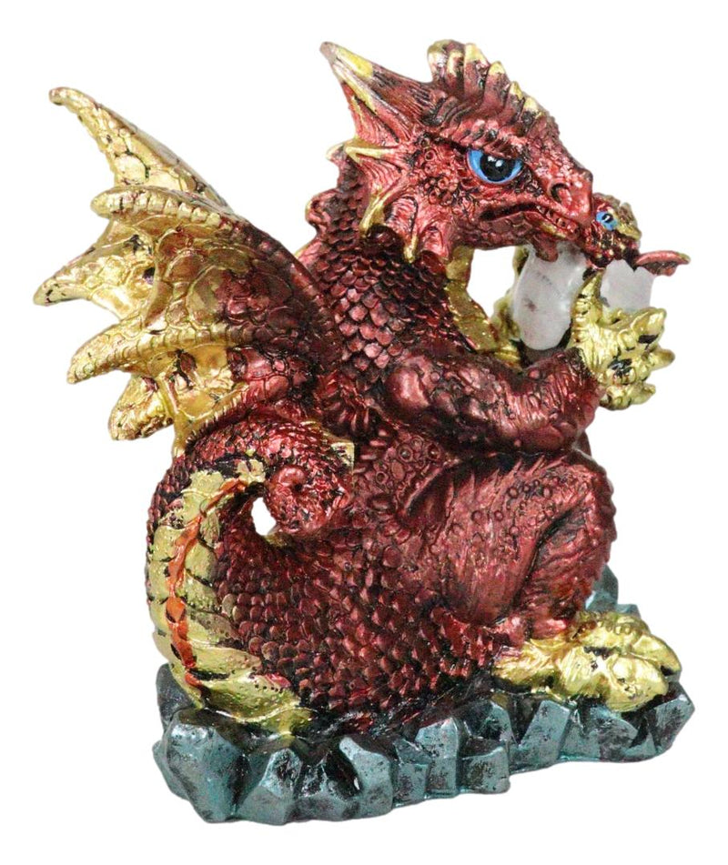 Metallic Red With Gold Streaks Dragon Holding Egg With Baby Hatchling Figurine