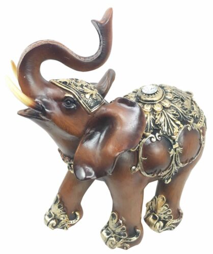 Feng Shui Wood Finished Resin Majestic Asian Elephant With Trunk Up Figurine