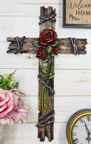 Rustic Western Faux Wooden Valentine Love Red Roses With Barbed Wires Wall Cross