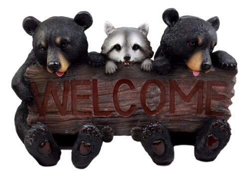 Ebros Forest Pals Welcome Sign Twin Black Bears And Racoon Garden Greeter Statue 16"L