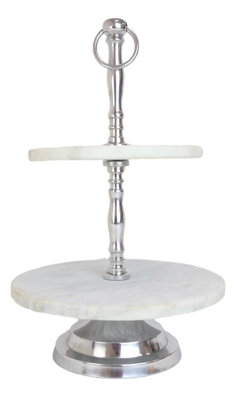 Contemporary 2 Tier Dining Tabletop Marble Aluminum Serving Platter Tray Stand