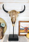 Western Floral Tribal Scroll Indian Chief Bull Cow Skull Desktop Plaque On Stand