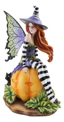 Amy Brown Halloween Bewitched Fairy With Black Cat On Giant Pumpkin Figurine