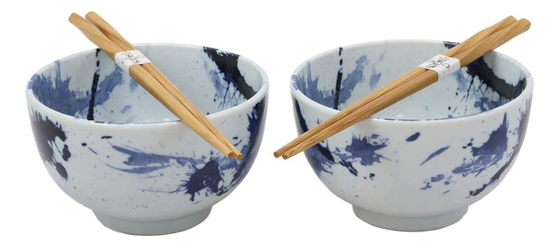 Ebros Japanese Blue Splash Paint Abstract Design Porcelain Bowls With Chopsticks Set 2