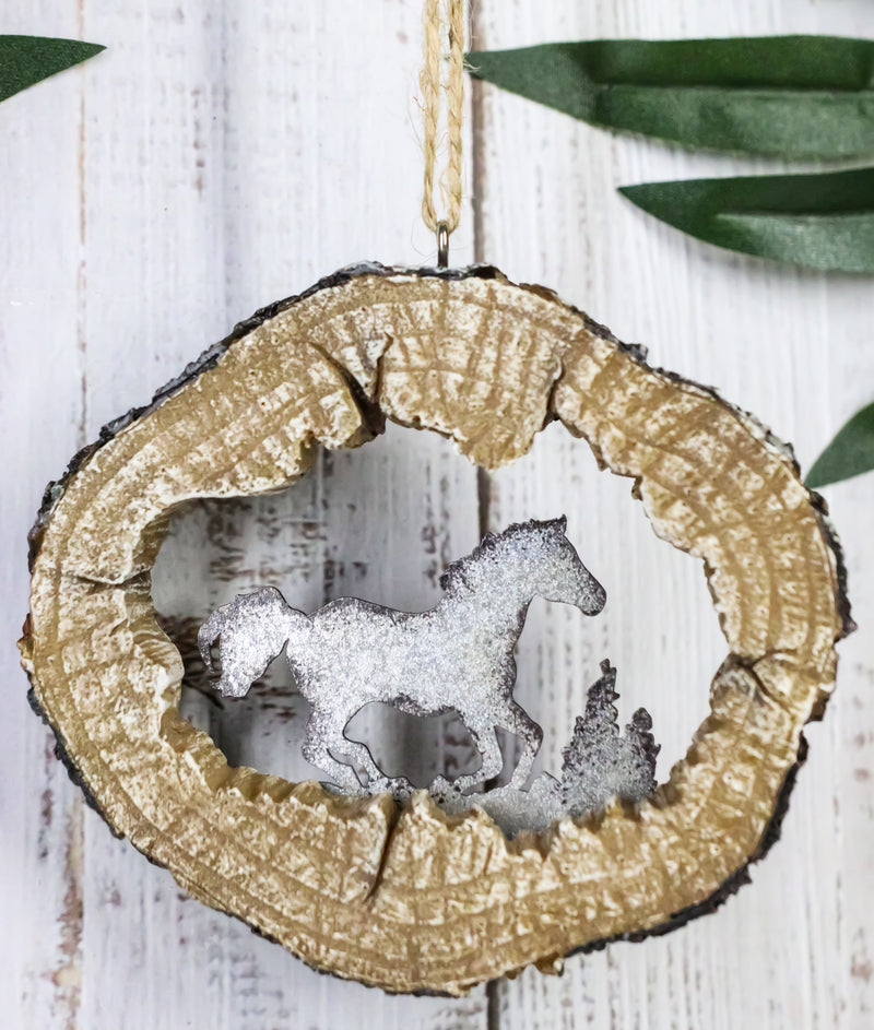 Rustic Western Wild Horse Faux Wood Log Slice Set of 4 Christmas Tree Ornaments