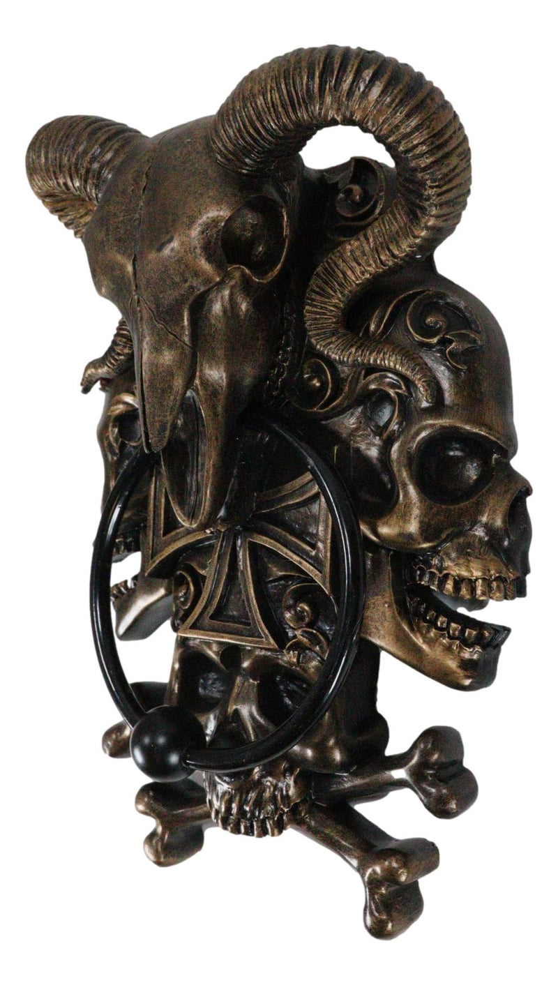 Demon Horned Ram Cranium Skull With Crossed Bone Skulls Decorative Door Knocker