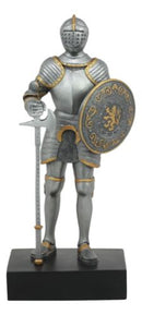 Medieval Knight Statue 9"H With Heraldic Royal Lion Shield And Axe Suit Of Armor