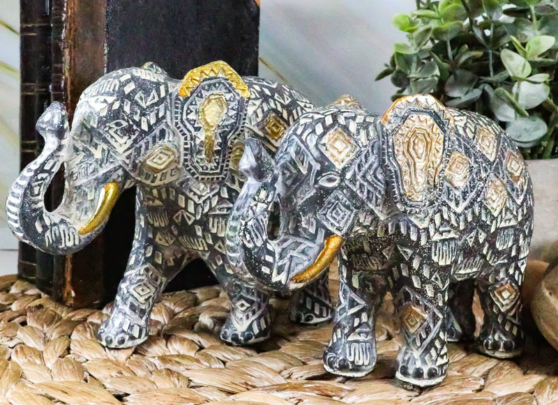 Ebros Silver and Gold Patterned Elephant Statue 5.25" Long Feng Shui Elephant Figurine Symbol of Wisdom Fortune and Protection (Mother and Calf Elephants Set)