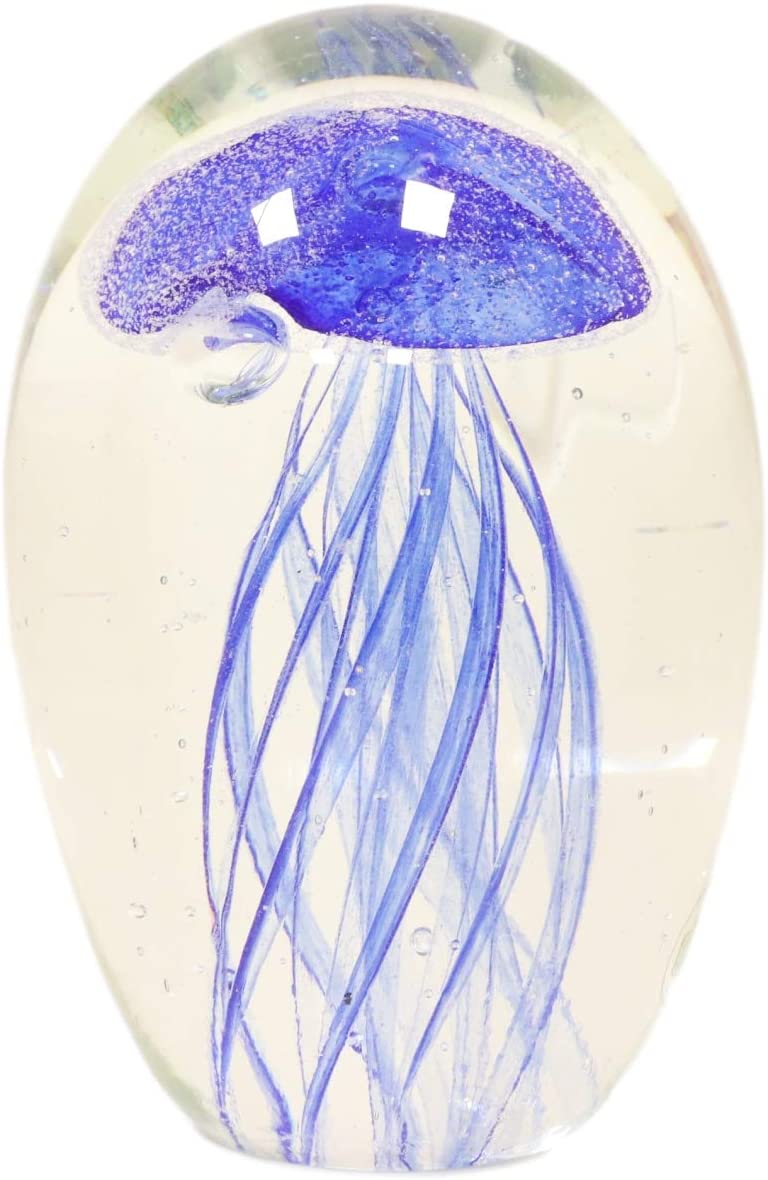 Ebros Art Glass Glow in The Dark Translucent Jellyfish & LED Base (Dark Blue)