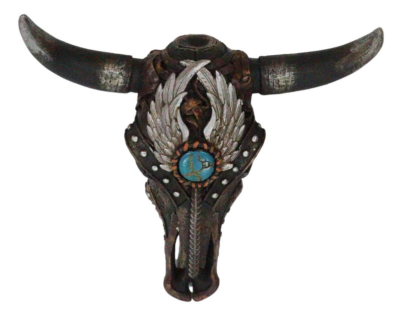 Rustic Western Angel Wings Turquoise Gem Steer Bull Cow Skull Wall Decor Plaque