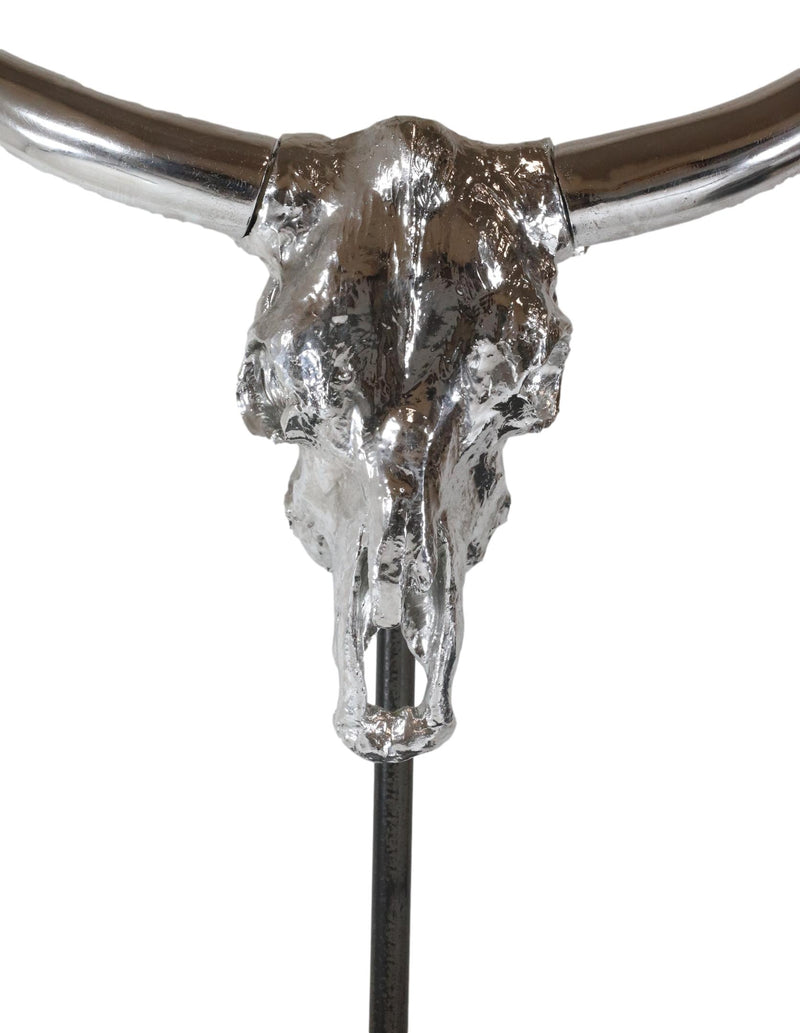 23"H Large Rustic Chrome Plated Longhorn Bull Steer Skull Resin Desktop Plaque