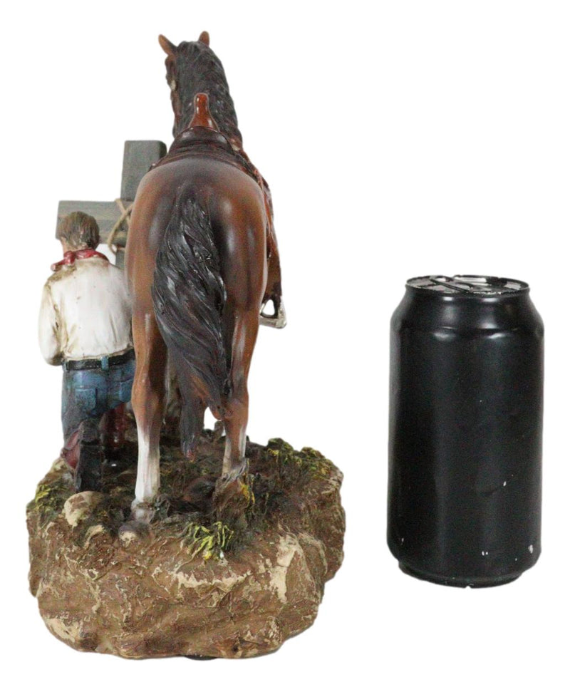 Rustic Western Cowboy By Brown Horse Praying At The Foot Of The Cross Figurine