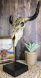 Western Rustic Tooled Bull Cow Skull With Celtic Cross Sculpture On Pole Display