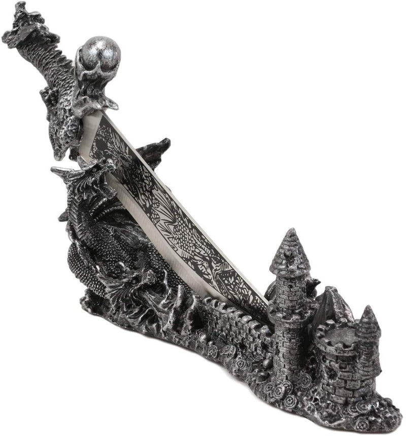 Ebros Gift Obsidian Athame Dragon Blade Letter Opener with Castle Base Stand Set