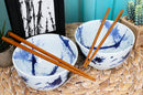 Ebros Japanese Blue Splash Paint Abstract Design Porcelain Bowls With Chopsticks Set 2