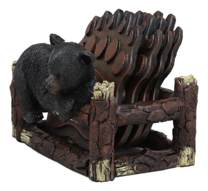 Ebros Rustic Black Bear Cub On Tree Branch Coaster Set W/ 4 Bear Paws 4.5"W