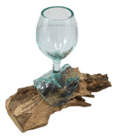 Balinese Handicraft Natural Driftwood Root With Molten Hand Blown Wine Glass