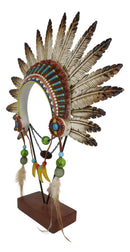 Western Tribal Indian Warrior Chief Headdress Metal Feathers Figurine With Stand