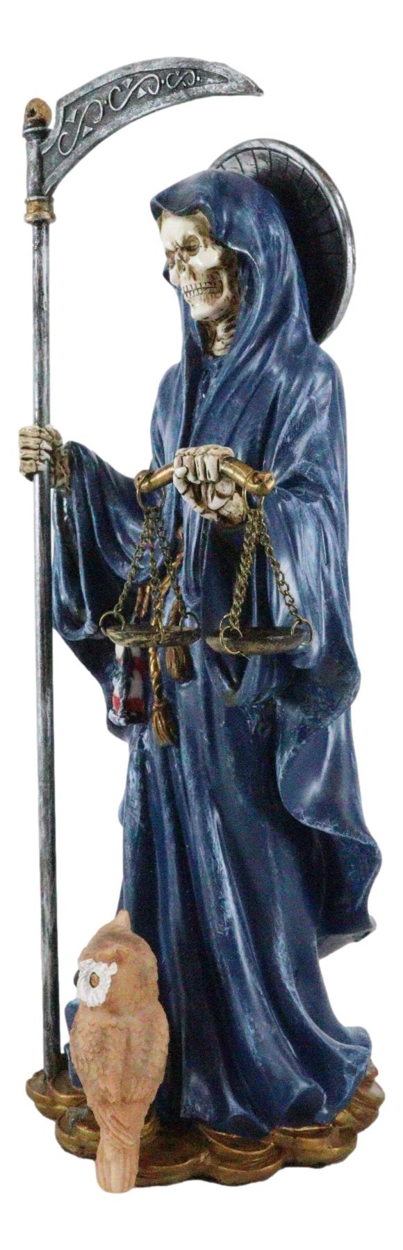 Standing Blue Santa Muerte With Scythe Scales of Justice And Wise Owl Figurine