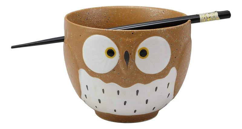 Whimsical Ceramic Brown Owl Ramen Udong Noodles Soup Bowl With Chopsticks Set