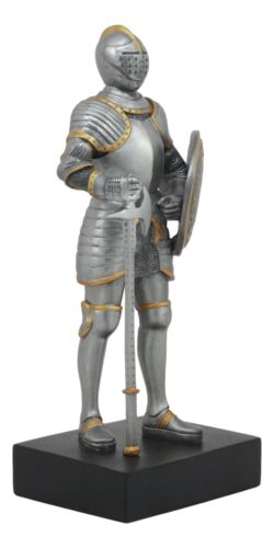 Medieval Knight Statue 9"H With Heraldic Royal Lion Shield And Axe Suit Of Armor