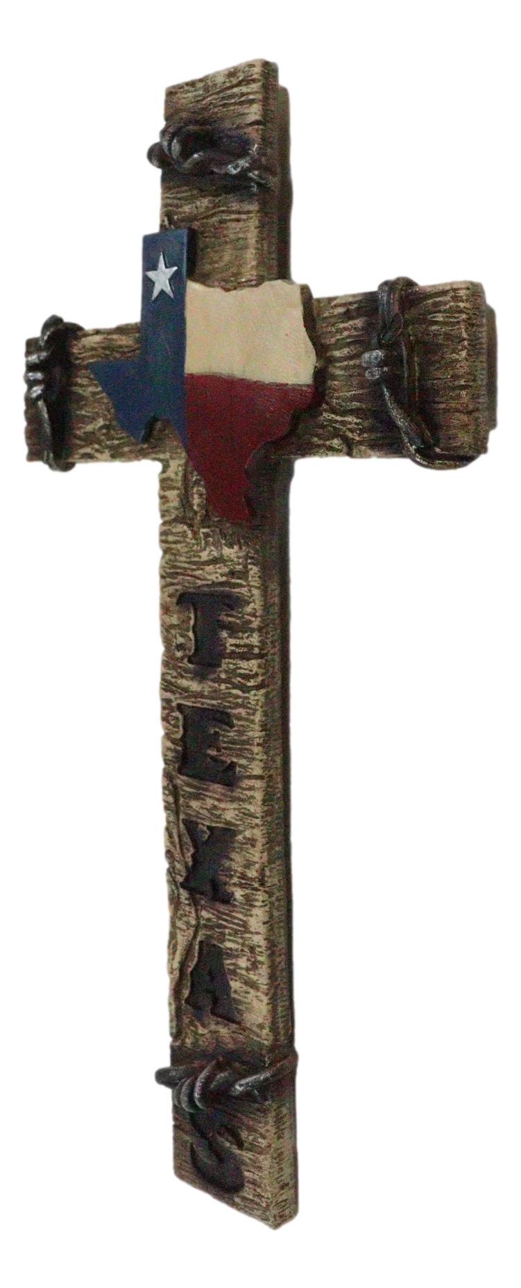 Rustic Western Lone Star Texas State Flag Barbed Wires Faux Wooden Wall Cross