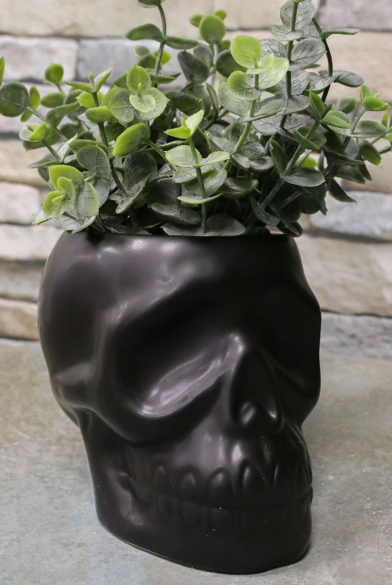 Matte Black Ceramic Day Of The Dead Ghastly Skull Planter Bowl Pot Figurine