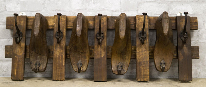 33" Long Rustic Antique Shoe Molds Horizontal Wood Rack Wall Plaque Coat Hooks