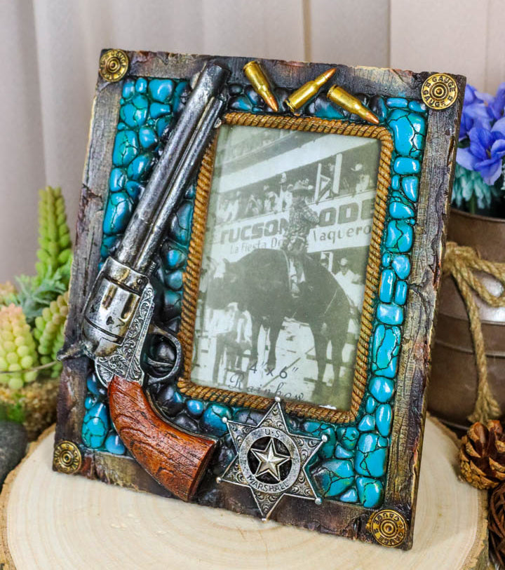 Rustic Western US Marshall Badge Gun Bullets Turquoise Rocks Photo Picture Frame