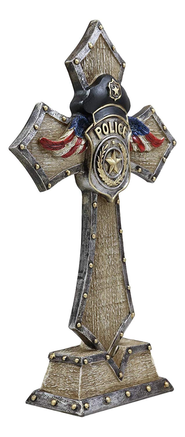 Rustic Patriotic USA Flag Police Law Enforcement Badge Standing Cross Statue