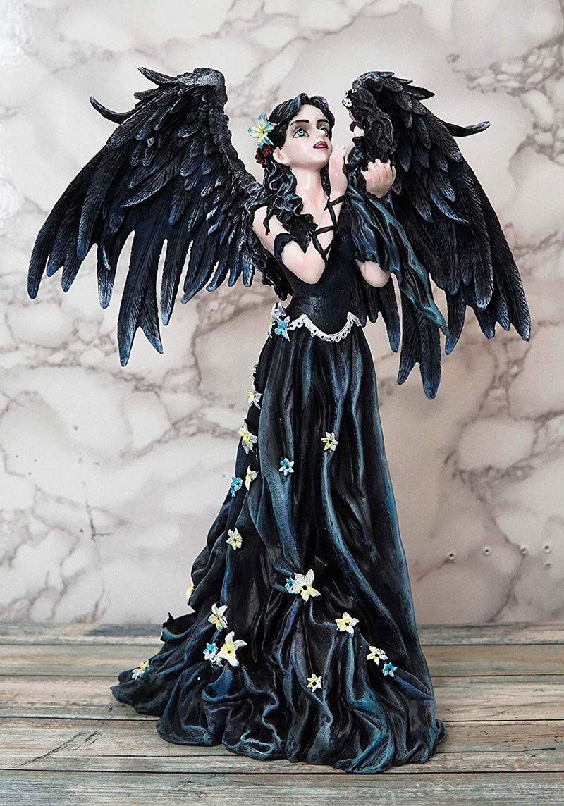 Ebros Gothic Raven Crow Angel in Black Floral Gown Statue 11.5" Tall Nene Thomas