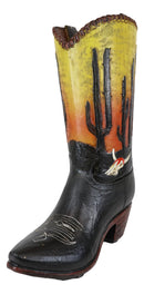 Western Desert Sunrise Dawn Cactus And Cow Skull Cowboy Boot Vase Sculpture