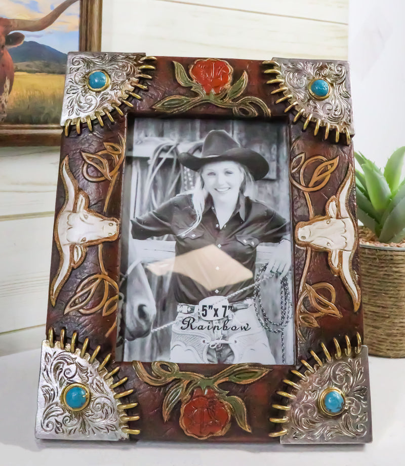 Rustic Western Longhorns Silver Conchos Turquoise Gems Picture Photo Frame 4"X6"