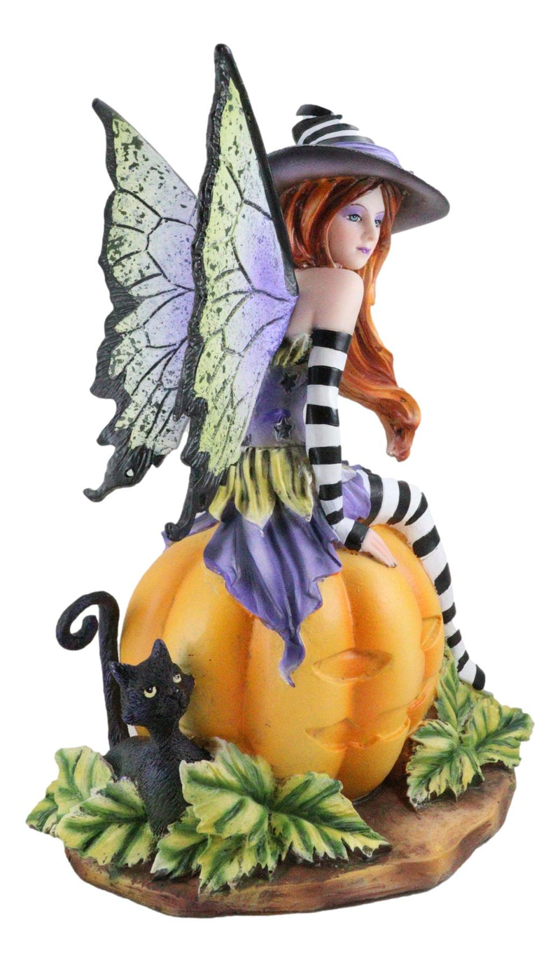 Amy Brown Halloween Bewitched Fairy With Black Cat On Giant Pumpkin Figurine