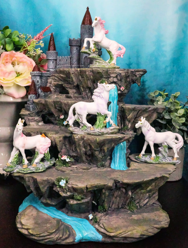 4 Miniature Rare Unicorn Pieces With Waterfall Castle Fortress Display Figurine