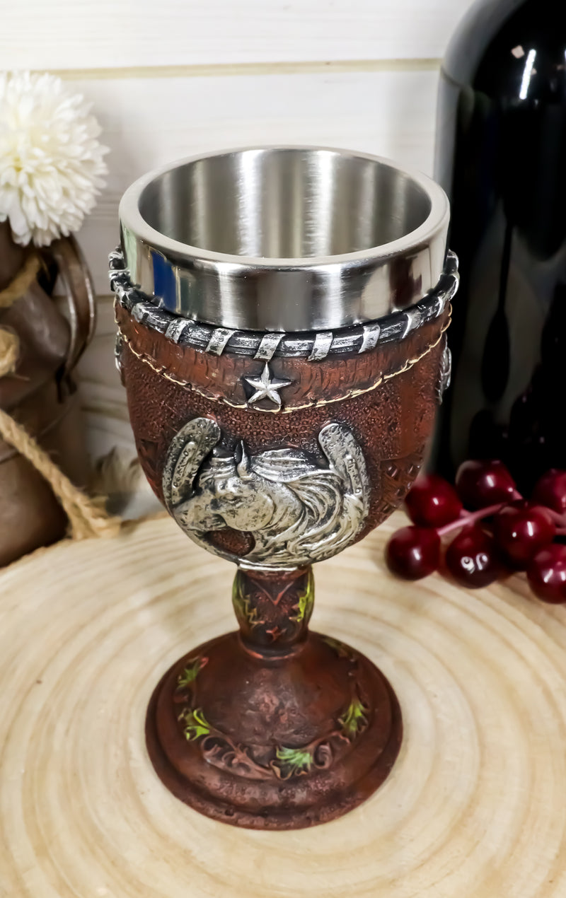 Western Horse Head Giant Horseshoe Lone Stars In Faux Tooled Leather Wine Goblet